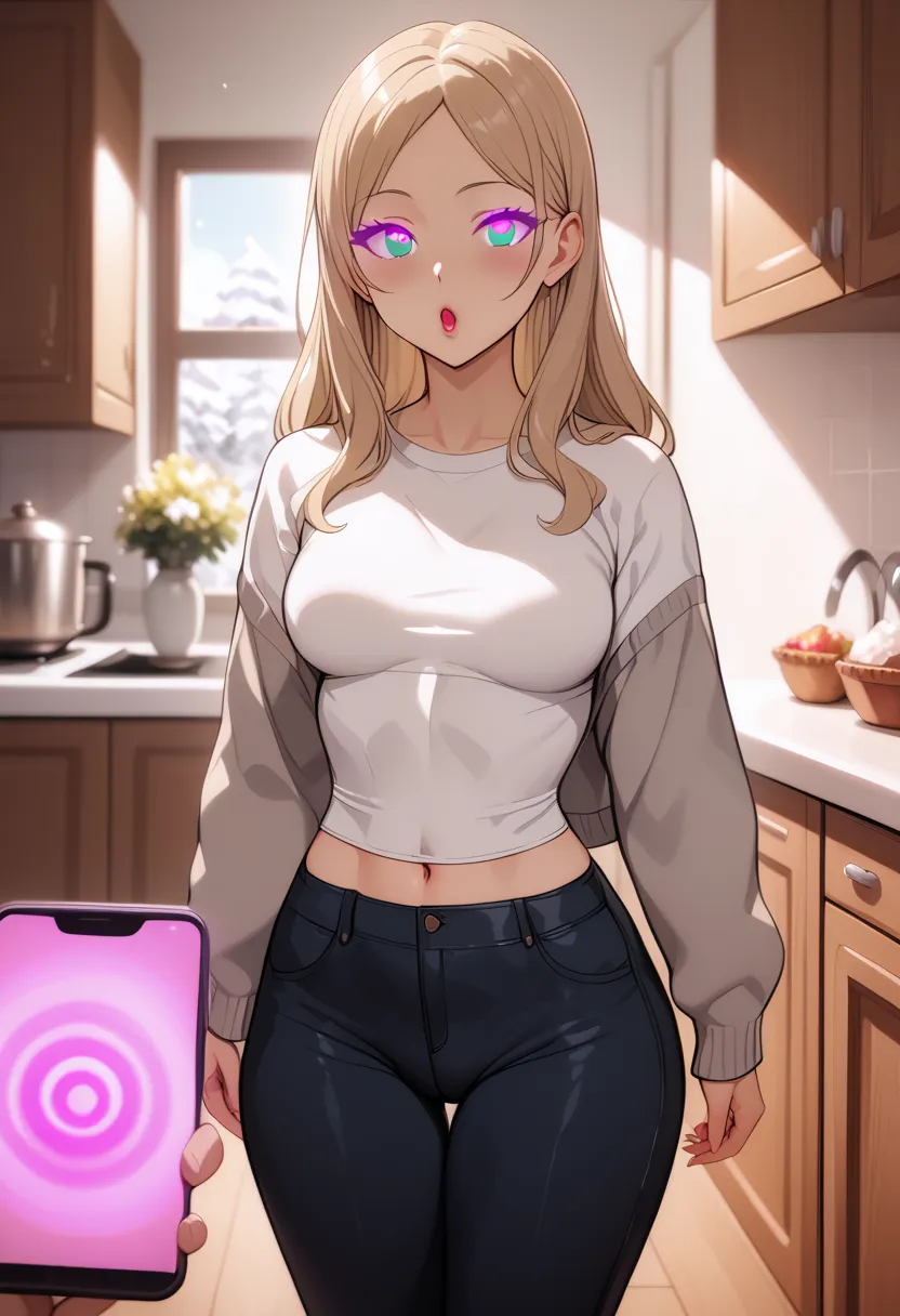 masterpiece, best quality, Extreme Detail, anatomically correct,  Young woman standing alone in the kitchen  , (  standing in sexy pose  ), Young woman wearing a gray t-shirt  , ( cropped ), wears an open snow-white cardigan, Wears tight, long, black pants...