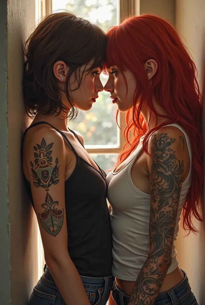  A 20-year-old girl, dark-brown-haired, caught by a 25-year-old,  tall and sturdy , collection with tattoos on the arms, with bright red hair ,  against the wall. They are looking into each other's eyes with desire, facing each other and close to each othe...