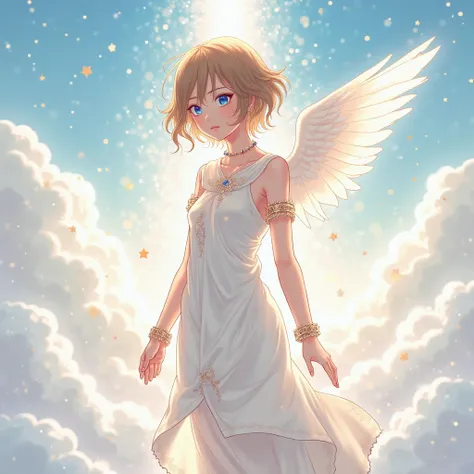 Anime,angel boy with brown hair and blue eyes, with a white tunic and bracelets