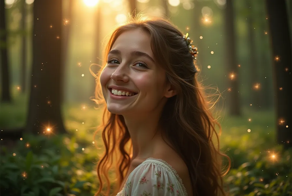 Realistic photography of  beautiful girl with happy expression, surrounding by magical forest sparkling light pieces 