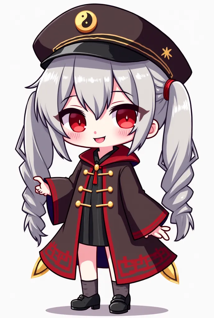 Draw a chibi version of kyuuketsuki is a beautiful jiangshi undead vampire young girl with beyond beautiful and more feminine looking she stands around at 5'7 feet tall, 170 centimeters, She has a long Messy Silvered-White silky hair reaching down to her t...