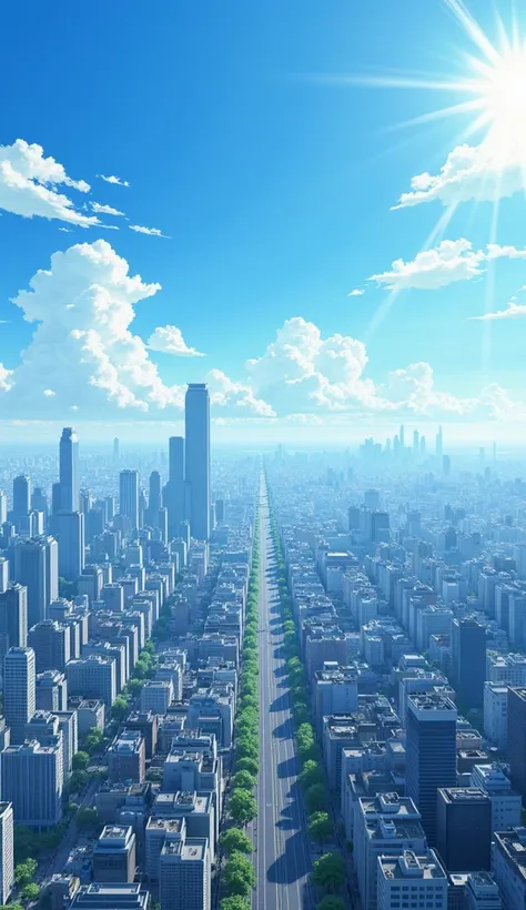 Modern Tokyo background,The skyscrapers can be seen in the haze far away,Horizontal Angle from Aerial View from High Altitude,the extent that the ground is faintly visible,The spot is a group of low-rise buildings near the far blue sky,that doesn't draw a ...