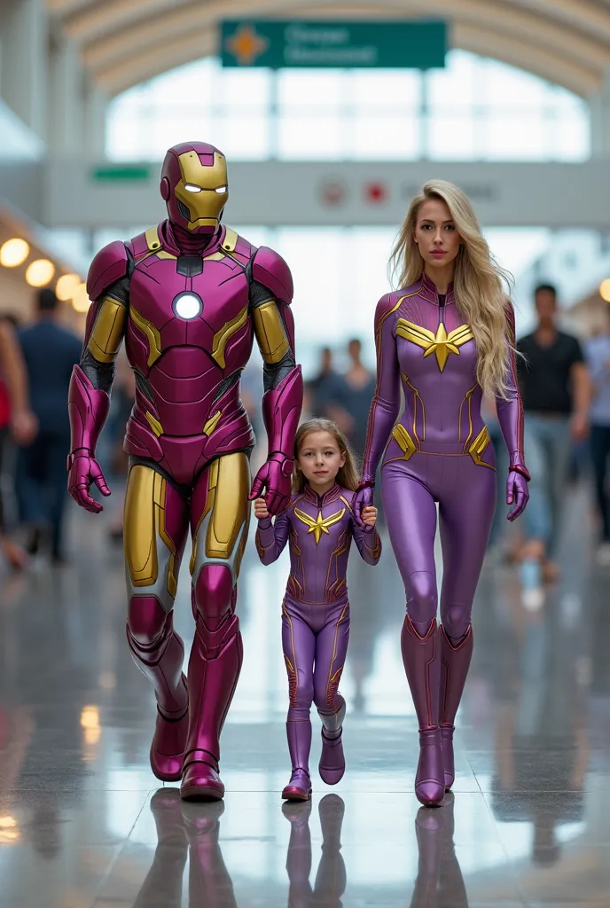 A man wearing a mauve yellow combination ironman costume and mask with a beautiful  daughter, wearing a light purple ironman costume, a beautiful woman, blonde hair , wearing a captain marvels costume sexi light purple yellow combination,  walk together , ...