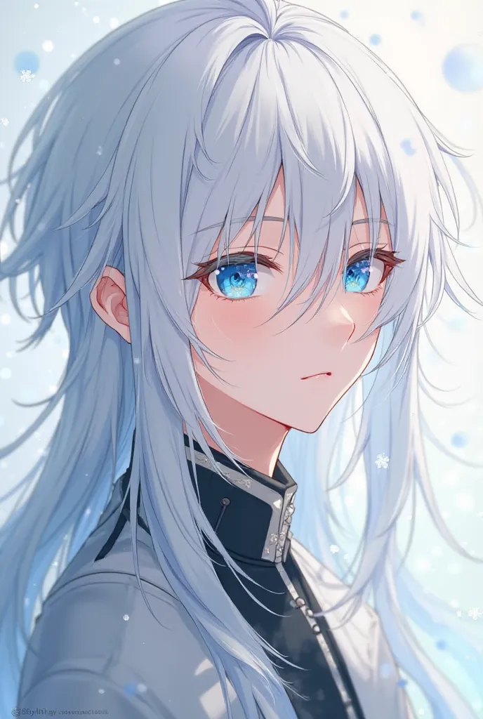  An anime boy, white hair, long hair,  straight hair, with bangs, beautiful, bright blue eyes,  White Eyelashes , design,  Japanese anime .