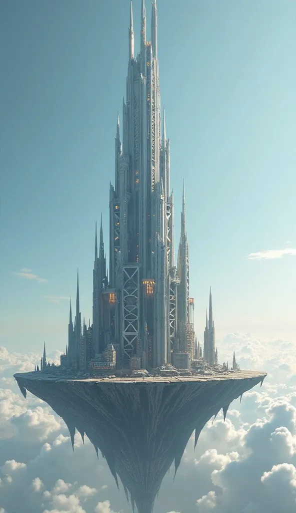 A tall arcane tower perched atop a floating island. Clear sky, cyberpunk style, side view, no background