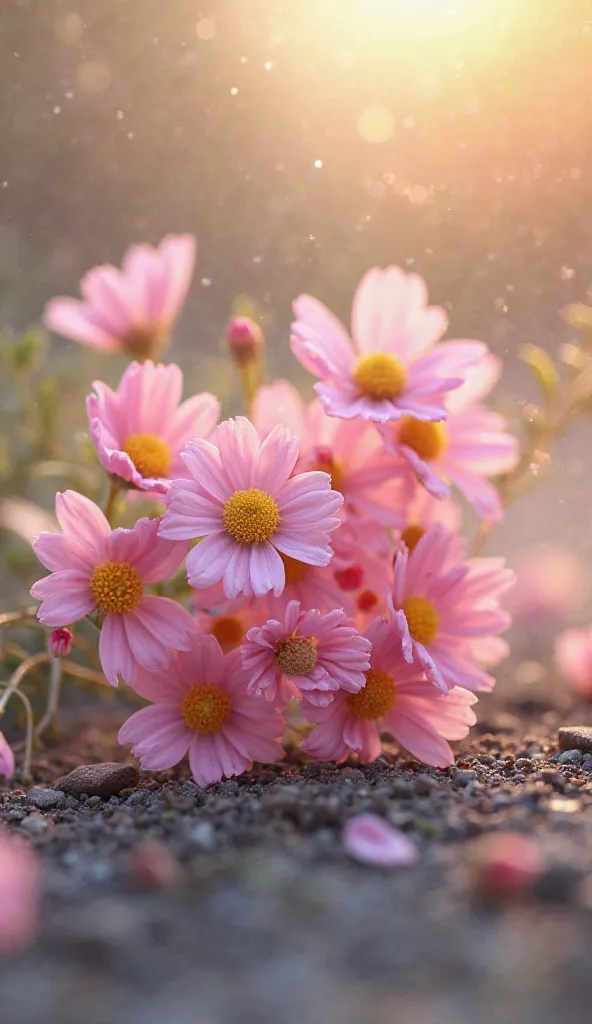 small hot pink chamomile flowers boquet on the ground,soft light,super detailed art