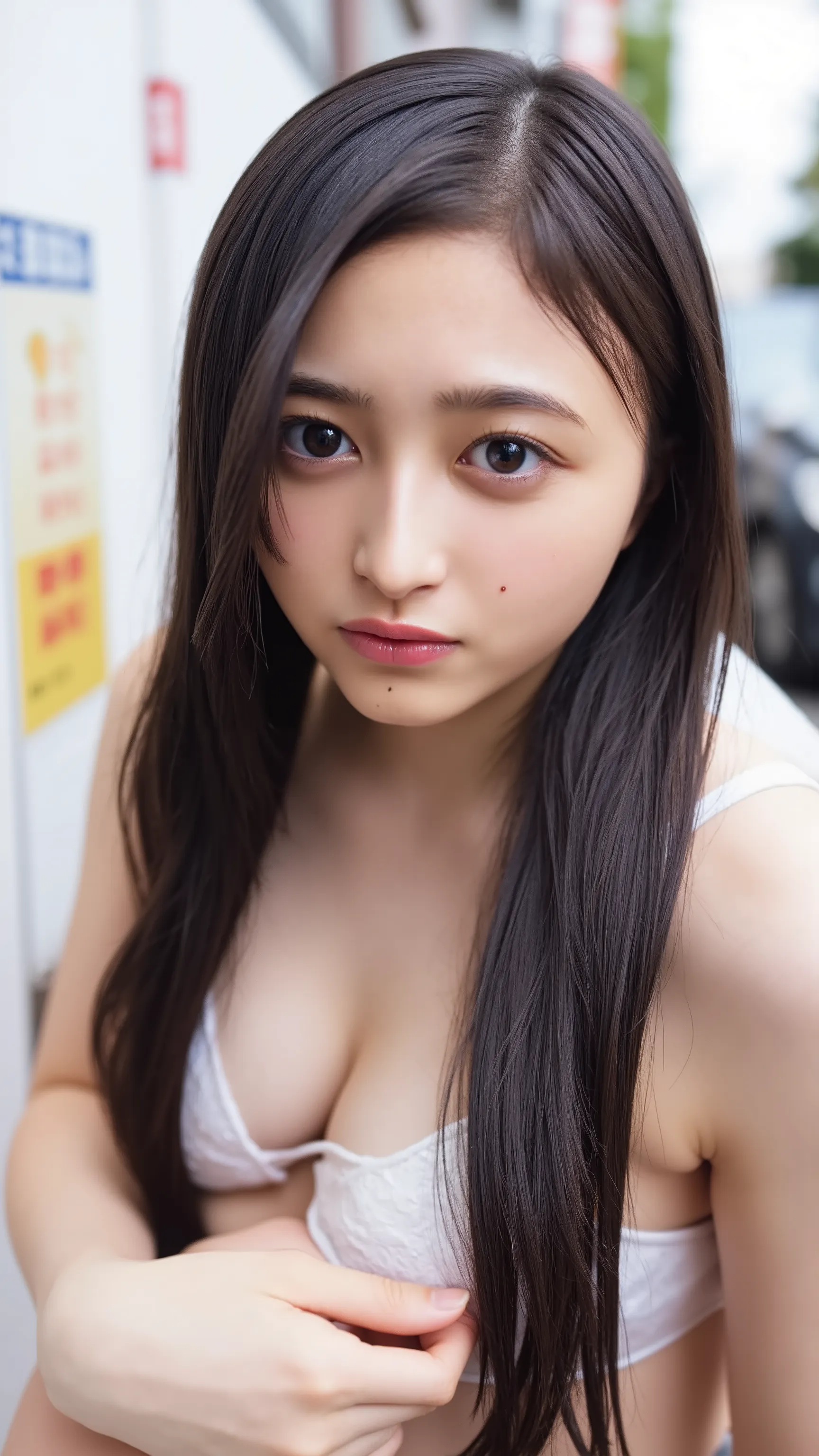 A high resolution photograph of a Japanese young woman, masterpiece, amazing quality, intricate details, extremely detailed, professional lighting, (sharp focus), solo, 1girl, (straight long glossy black hair, forehead), seductive posing with smile for gra...