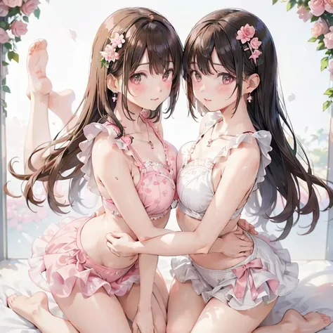 two girls, hugged，Sisters press their breasts together, perfect figure, K resolution,((Best Quality)),Ultra-high resolution, (Expressionless), (brown eyes), A beautiful, symmetrical face,Realistic:1.4,Realistic:1.4,(masterpiece:1.2),Perfect Eyes,Perfect Ey...