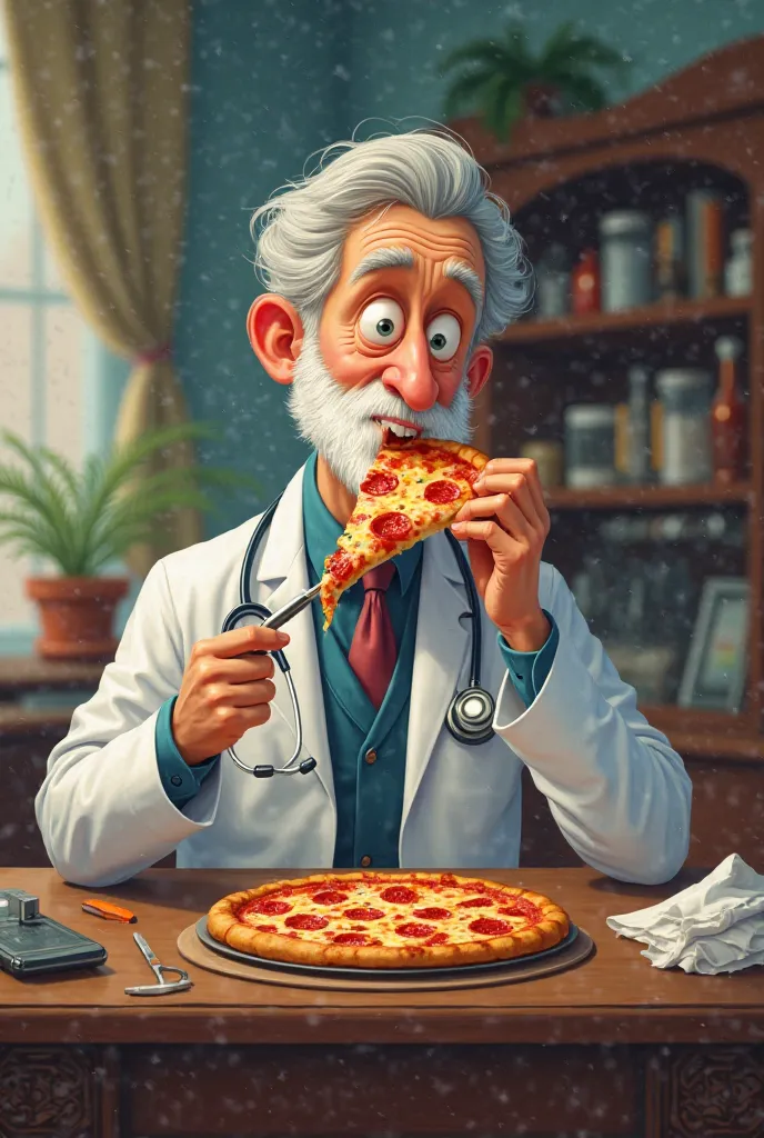 Doctor eating pizza shaving 