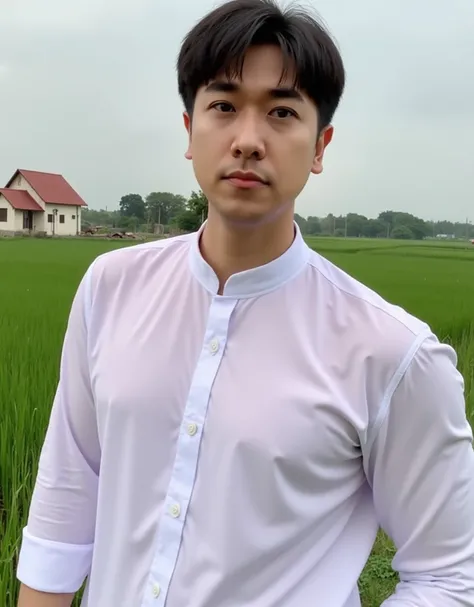 Handsome Korean guy ,  short hair , wearing a white shirt, A photo stands against the background while the rural community in the middle of the field is outside the house..