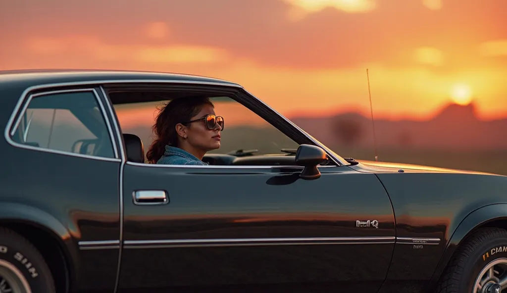 1976 black car mustang a woman wearing a jeans shirt and mirror glasses sitting at the wheel and looking out the window, sunset