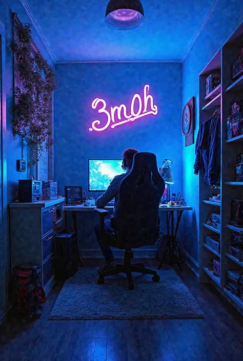 Gaming room with a closet, blue LED lights and neon 3M0 H written on the wall