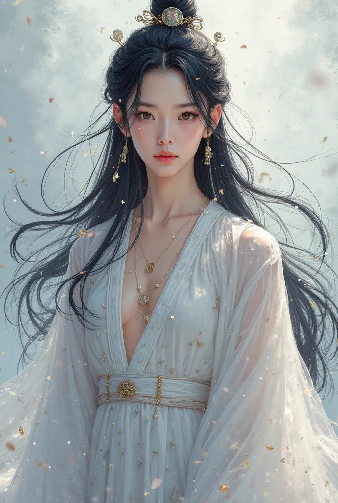 create an image of a feminine looking male, he was wearing a long white hanfu with few dangling jewerly on the waist of the hanfu. generate in manhua style, he has a long black hair and brown eyes 