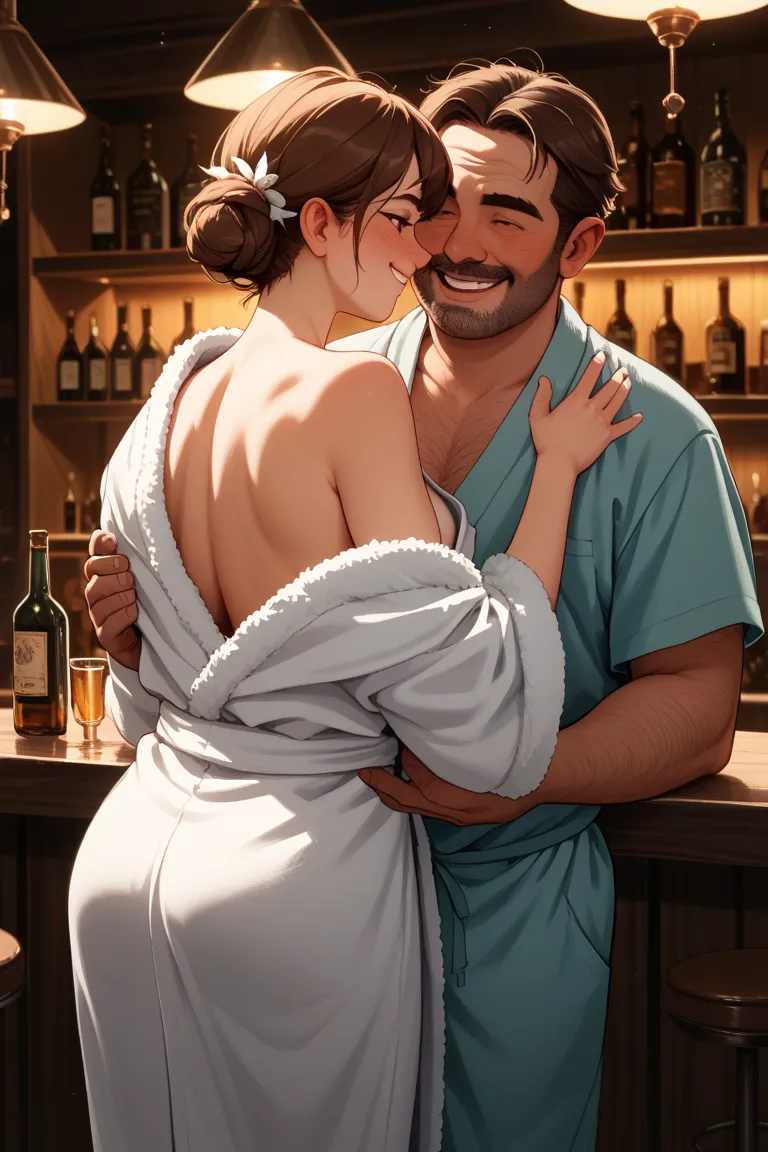 from behind ,Gangbang,nsfw,fat middle aged man,bar counter,1 girl,low bun,brown hair,brown eye,short hair,swept bangs,her eyelids heavy,Alcohol,white bathrobe,night,,,nsfw,fat middle age men, drunk,smile, hand on another’s breast,middle-aged man in bathrob...