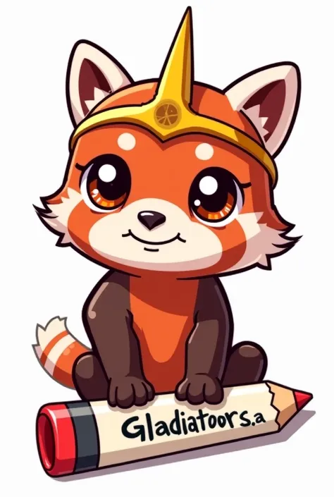 You have a cartoon of a red panda with a glader's helmet with a pencil sword on top, who has a smiley face and big eyes. The gladeador is sitting on a white eraser that has the name "Gladiators , S. a. 