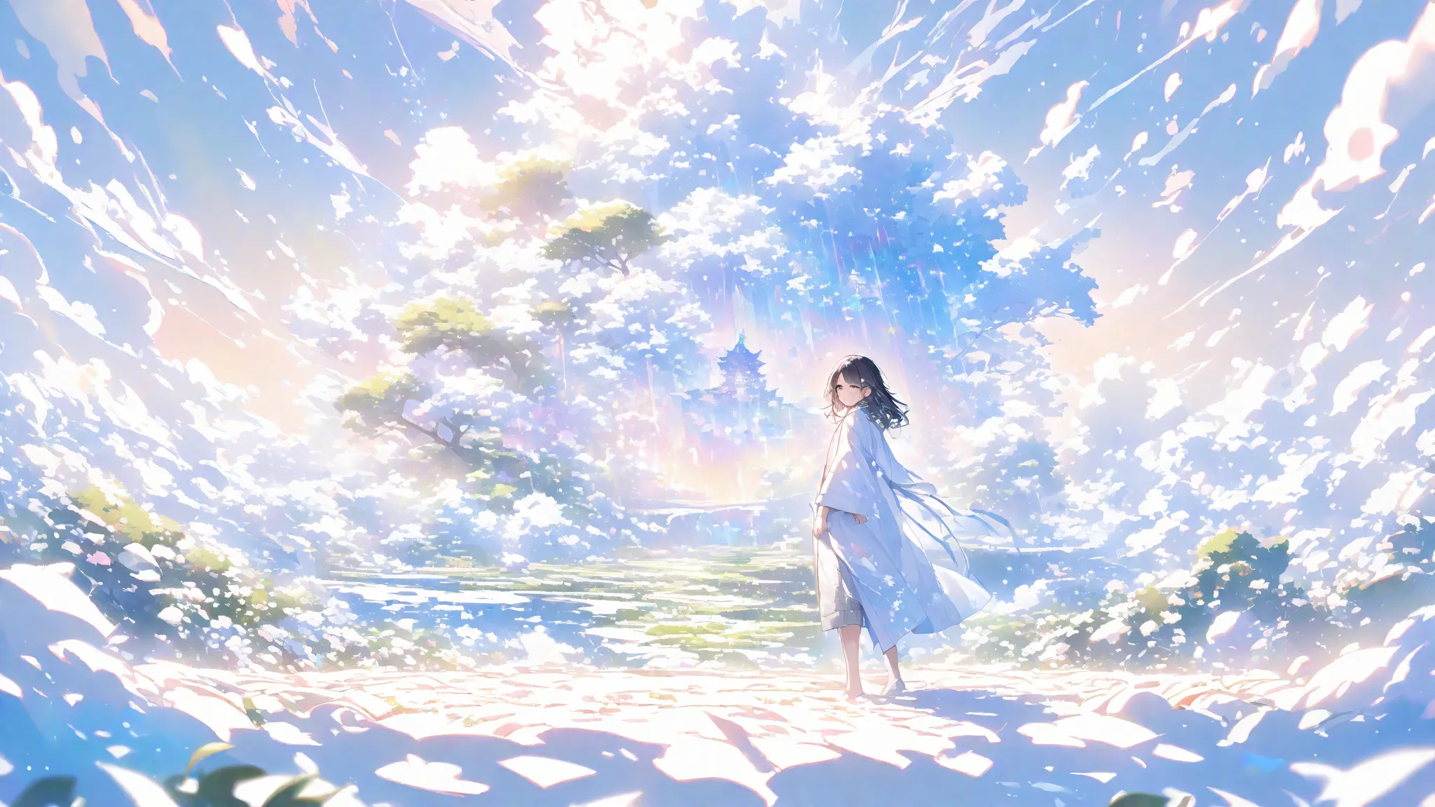 ((masterpiece)), (( Highest quality )), ( Hi-Res), (bright color), ( simple white background:1.6), landscape, ( beautiful), (  Biological Atmosphere  ),

 young woman, alone, disheveled black hair that extends to the shoulders, Eyes Covered by a Bang, Deli...