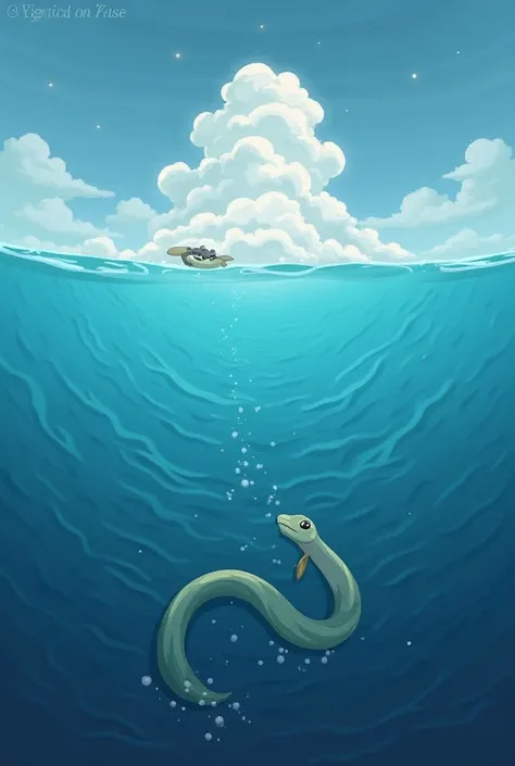 Aquí te presento la descripción de la Vignette 1:

Vignette 1:
- *image:* A view of the empty sea and sky. Juya , the creator snake,  he's at the bottom of the sea , wrapped in a water cloud.
- *Text cloud:* " in the beginning , there was only the sea and ...