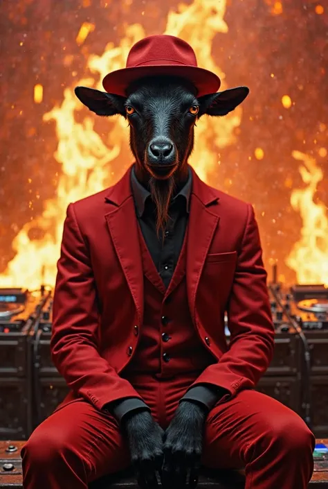 Black goat sitting in a red suit is a red hat,at a DJ club on fire realistic image realistic image realistic image realistic image 