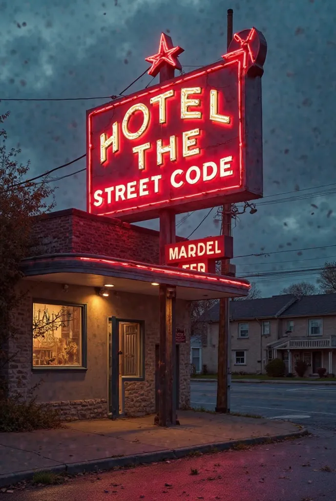 (A half-lit sign above an empty hotel, flickering on a summer day.)
"Fuck The Street Code." Make it detailed and realistic, in the hood