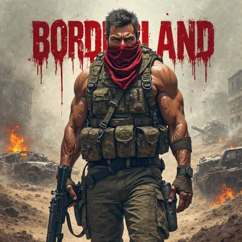 Man with a gun,  in camouflaged clothing , Red bandana on the face, Place destroyed by war helicopter crashing,  Cars on fire,
Letters dripping blood spelled Borderland 
