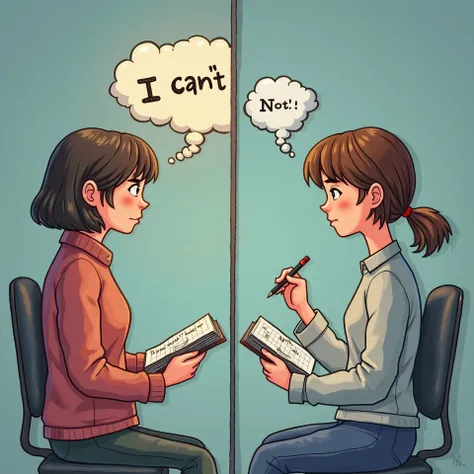   - Split screen:  But with a realistic person 
    * left .: Stressed person with negative text cloud (not: "I can't ").  
    * der .: The same person writing realistic phrases in a notebook (not: "I'm going to try").