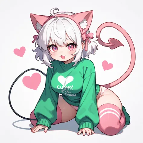 "score_9, score_8_up, score_7_up, source_anime, anime, solo focus, 1girl, chibi style or kemonomimi, expressive and detailed features, soft messy white hair framing delicate face, bright pink eyes (playful and mischievous expression), wearing cute cat ear ...