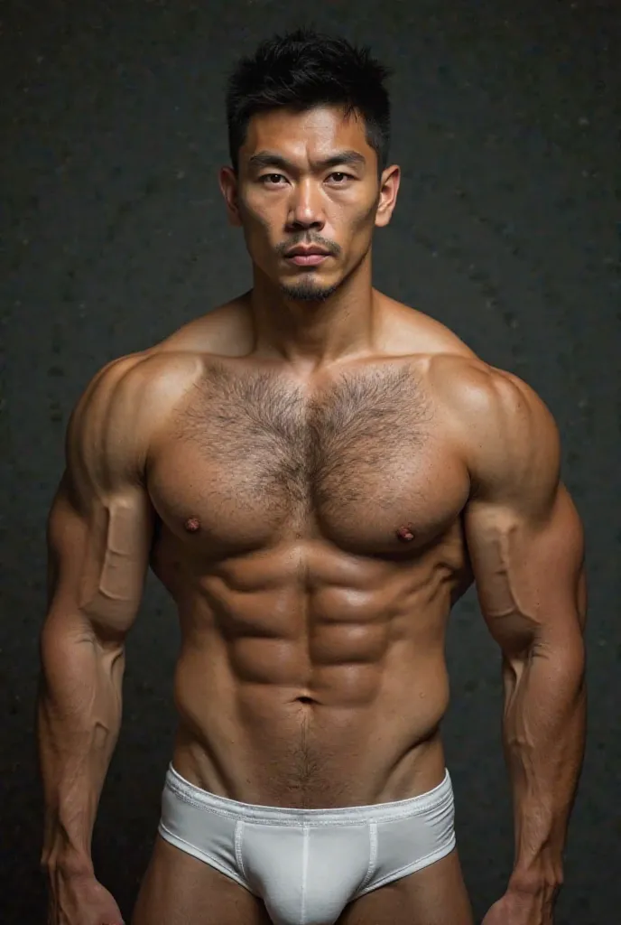 The best part, the photo is realistic, the focus is sharp, the eyes and face are very detailed, the Asian man is lean and muscular, with very hairy arms, chest, lower abdomen, groin, and thighs. His expression is stern, and he is wearing very small white b...