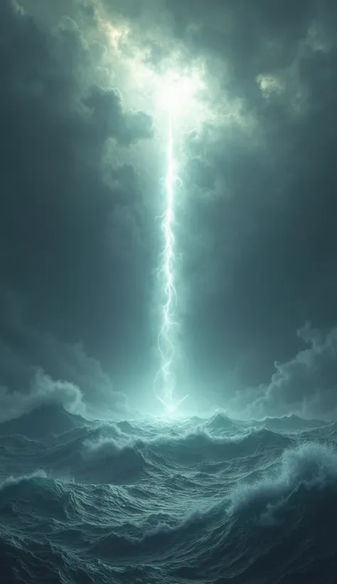 A raging storm rages on a rough ocean, but in the sky, a bright beam of light pierces through the clouds, symbolizing the power and presence of God.