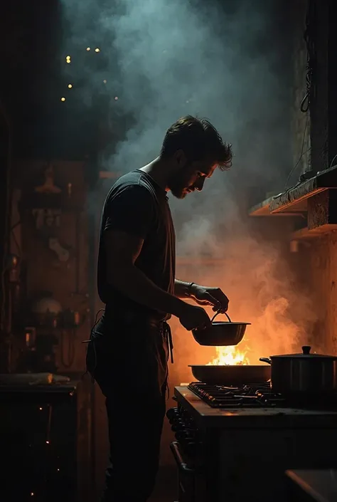 Male silhouette cooking, using dark colors flashes of light ( Only if it's fire) Also that you have kitchen utensils in your hands