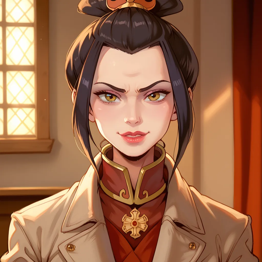 18-year-old,Princess Azula,full body display,trenchcoat open,sexy lingerie,seductive smile,detailed facial features,dramatic posture,professional portrait photography,dramatic studio lighting,elegant victorian manor interior,opulent furnishings,moody chiar...