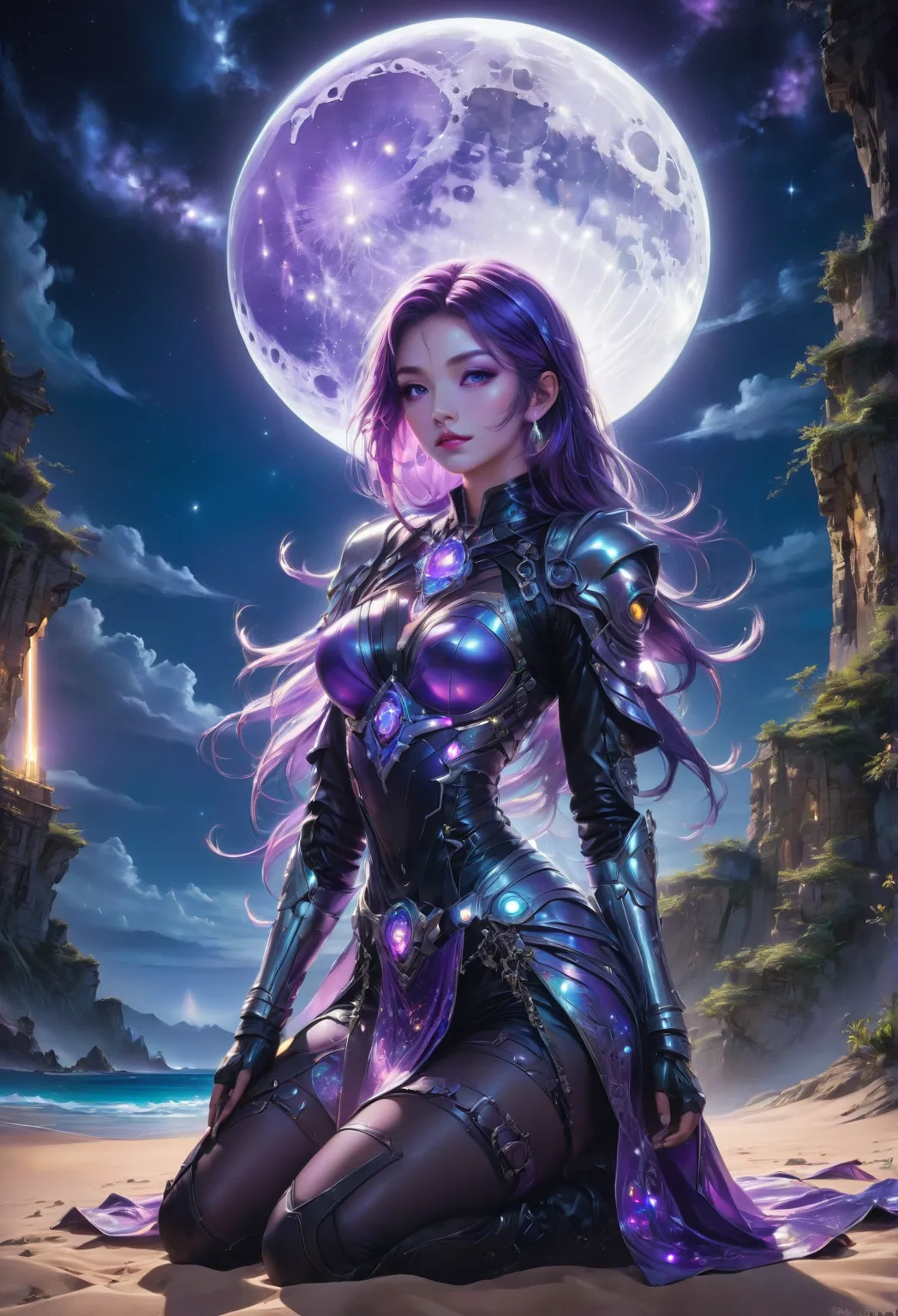 In this picture、It depicts two characters set against a dramatic landscape under the full moon. On the left is a man in western armor、 Leather Harness , getting down on one knee, A bright purple neon light shines from, suggests high-tech or sci-fi. My skin...