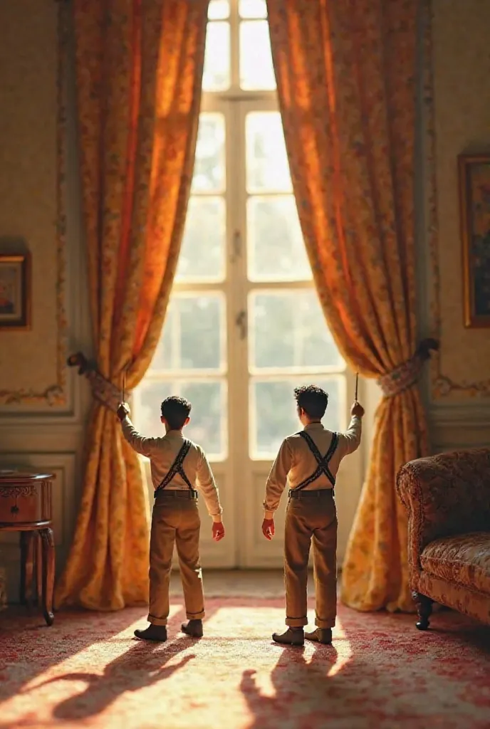 There is a miniature man who arranges the curtains and a miniature man who hangs the curtains. I want these men to have DİZAYN PERDE EVİ written on their backs.