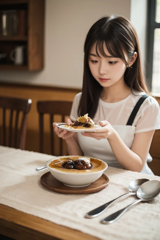  One Girl , Alone,  is sitting,  table , spoon, Pudding,, masterpiece,  top quality ,