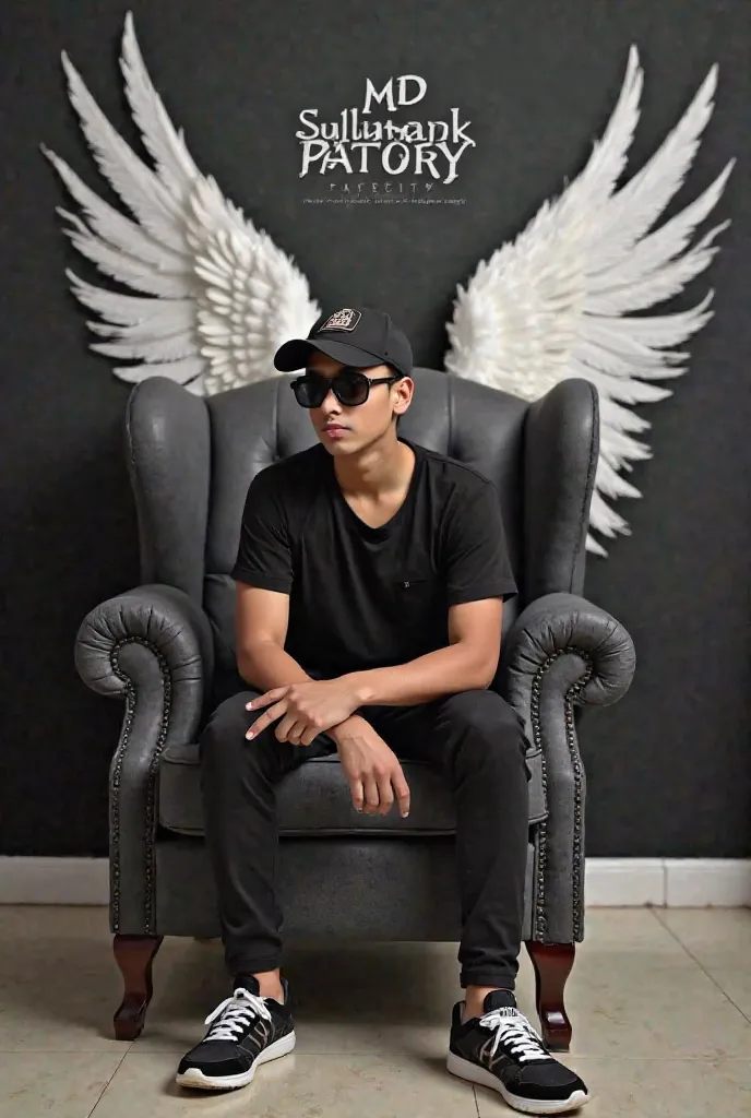 Create a 3D illusion for a WhatsApp profile
picture where a boy in a black shirt sits
casually on a Wingback Chair. Wearing
sneakers, a black cricket cap, and
sunglasses, he looks ahead. The
background features " md sulaiman patory" in big and capital whit...