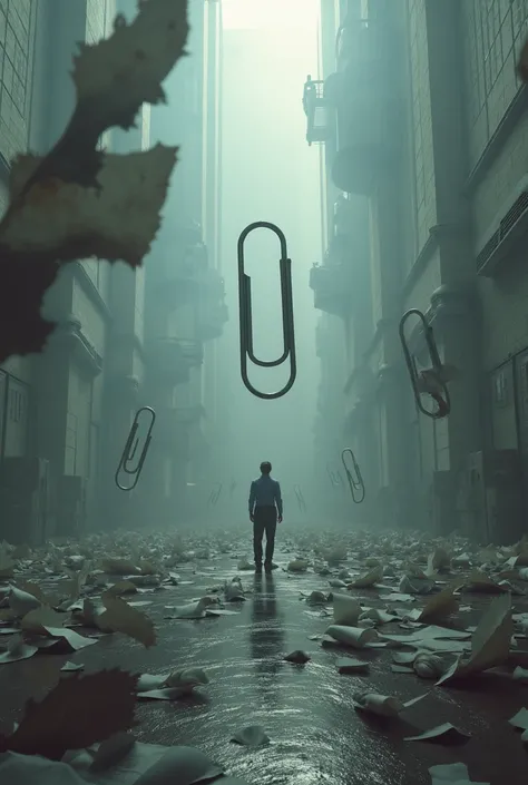 There are giant paper clips scattered on the floor, sharp as traps, and sheets of paper with torn edges like knives. In the center of the picture is one poor clerk, frozen in terror in front of a giant paper clip about to crush him.