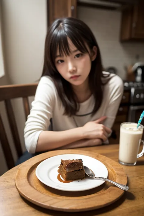  One Girl , Alone,  is sitting,  table , spoon, Pudding,, masterpiece,  top quality ,