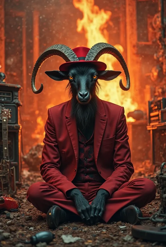 Black goat sitting in a red suit is a red hat,In a music studio on fire realistic image realistic image realistic image realistic image 