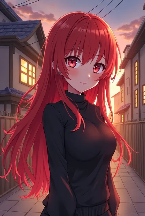 anime girl with red hair and black top standing in front of a house, an anime drawing inspired by Shi Rui, trending on pixiv, shin hanga, she has red hair, anime visual of a cute girl, ryuu, with red hair, an anime girl, glowing crimson head, anime girl wi...