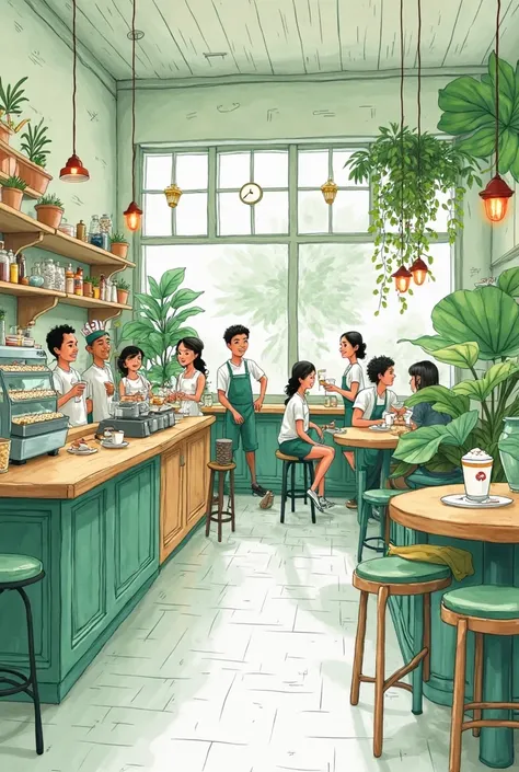 American coffee shop，Cartoon hand drawing， Lotus Green Fill ，white background，Super Details， 8k resolution