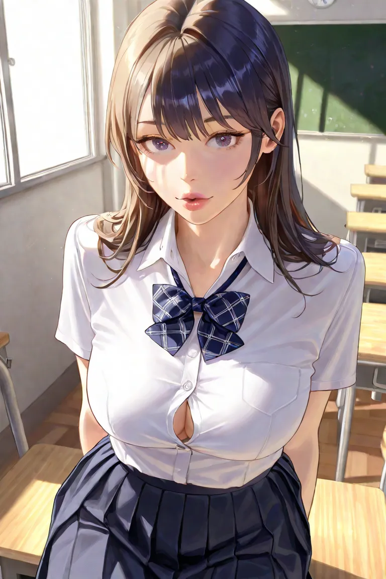 (Perfect Anatomy:1.5)、(With one girl、A single adult woman:1.5)、(Kiss:1.5)、(The girl has a white Y-shirt with a collar and front buttons and a navy blue pleated skirt and a plaid bow tie)、(Adult women in teacher suits)、( orbital space)、(SCHOOL CLASSROOM)、hi...