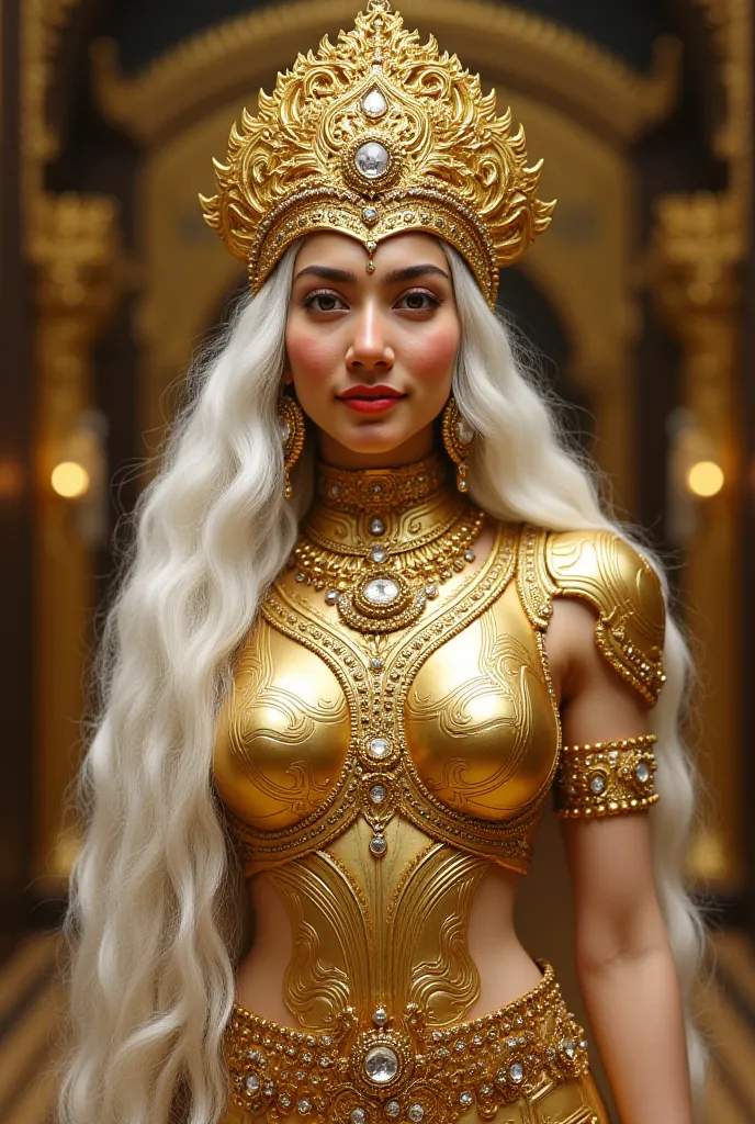 Full body image of Goddess durga body inspired from ava addams, face from sai pallavi. wearing golden armor suit with futuristic sci fi technology and intricate indian design also have golden jewelry, xnayan very thick milf body, long white hair, white ski...