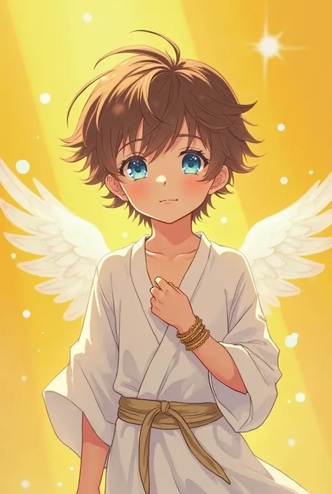 Anime,angel boy with brown hair and blue eyes, with a white tunic and bracelets,  yellow background