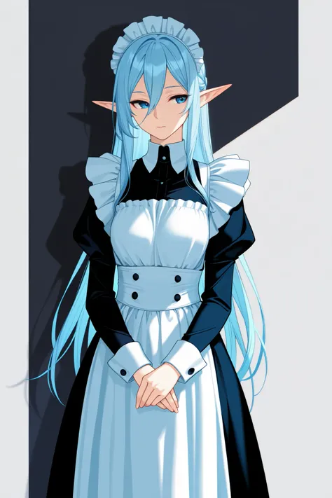 anime screencap, masterpiece, best quality, amazing quality, newest, 1woman, elf, solo, silvery blue hair, long hair, blue eyes, maid, tall, highres