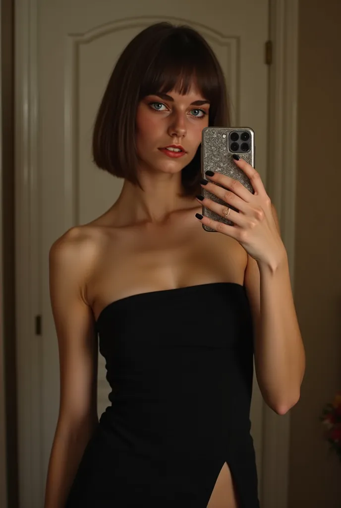 25-year-old woman cut hair Bob Morocchio at the height of the straight pear, green eyes, selfie with your Samsung phone in front of the mirror wearing a black tube dress middie cut high, Where can you see her stilletos , natural makeup phone with a serious...