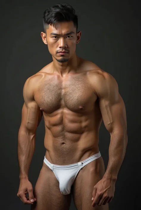 The best part, the photo is realistic, the focus is sharp, the eyes and face are very detailed, the Asian man is lean skin head, with very hairy arms, chest, lower abdomen, groin, and thighs. His expression is stern, and he is wearing very small white jock...