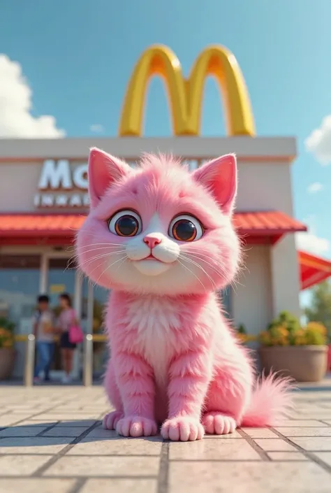 Ultra-realistic image 

Prompt:
"A big and cute cat , pink color, sitting in front of a McDonald's restaurant, with the iconic yellow 'M' atop the building. The cat looks at the entrance of the restaurant as some people enter. The setting has a bright blue...