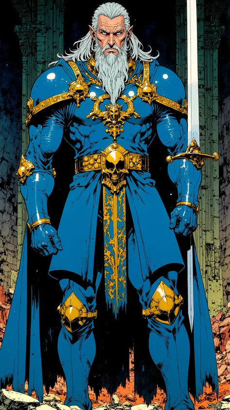  masterpiece, 8K cinematic comic style by Bernie Wrightson and Mike Mignola, An elf,  tall and impeccable posture , Vaelnor wears cerulean armor with gold ornaments. His gray-blond hair falls down to his shoulders, and your brown eyes carry the experience ...