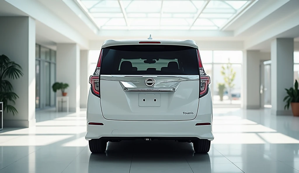 angle view, showcasing the shiny white of a  Nissan petrol platinum 8 seaters back view , in an immaculate showroom.  The scene is brightly lit, highlighting the vehicle's polished surfaces