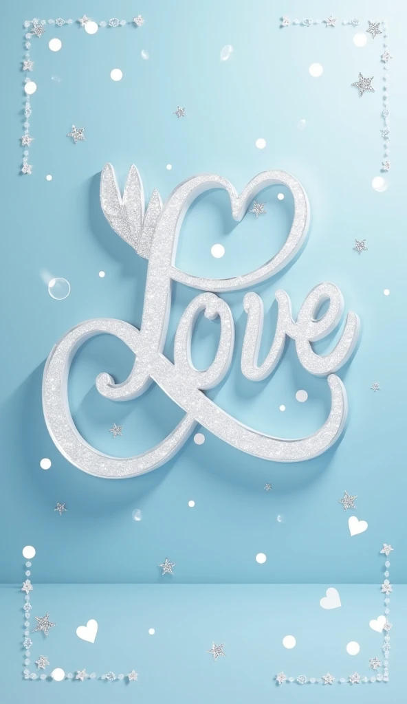 A transparent sign with “L” written in a smaller font. The sign is shining and beautiful, with a great design. The background has a dot pattern with glittering details, hearts, and a pastel white color scheme. The overall background is light blue.