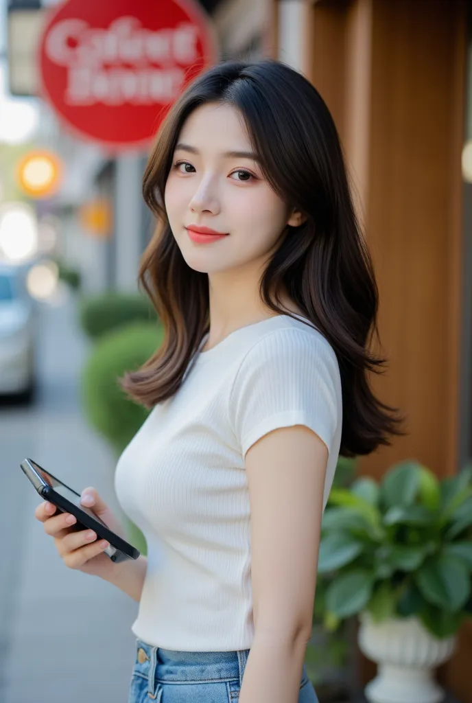 mature、cute young Japanese woman、fashionable clothes、Also take a picture of a hand holding a smartphone、is smiling、Smooth hair、walking in the background is a cafe